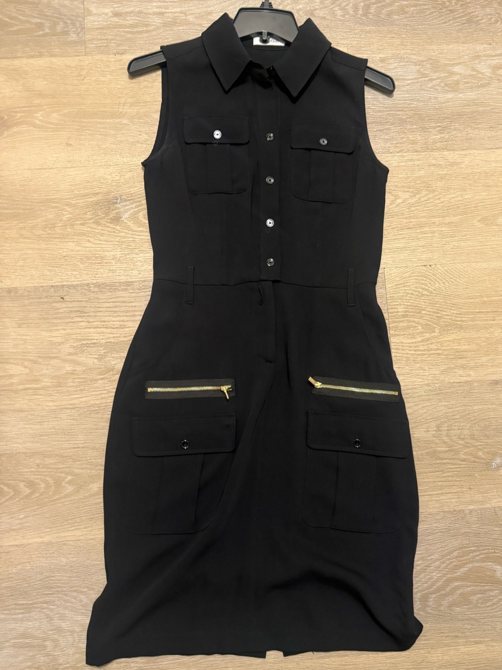 Calvin Klein Black Sleeveless Button Front Dress with Gold Zipper Detail